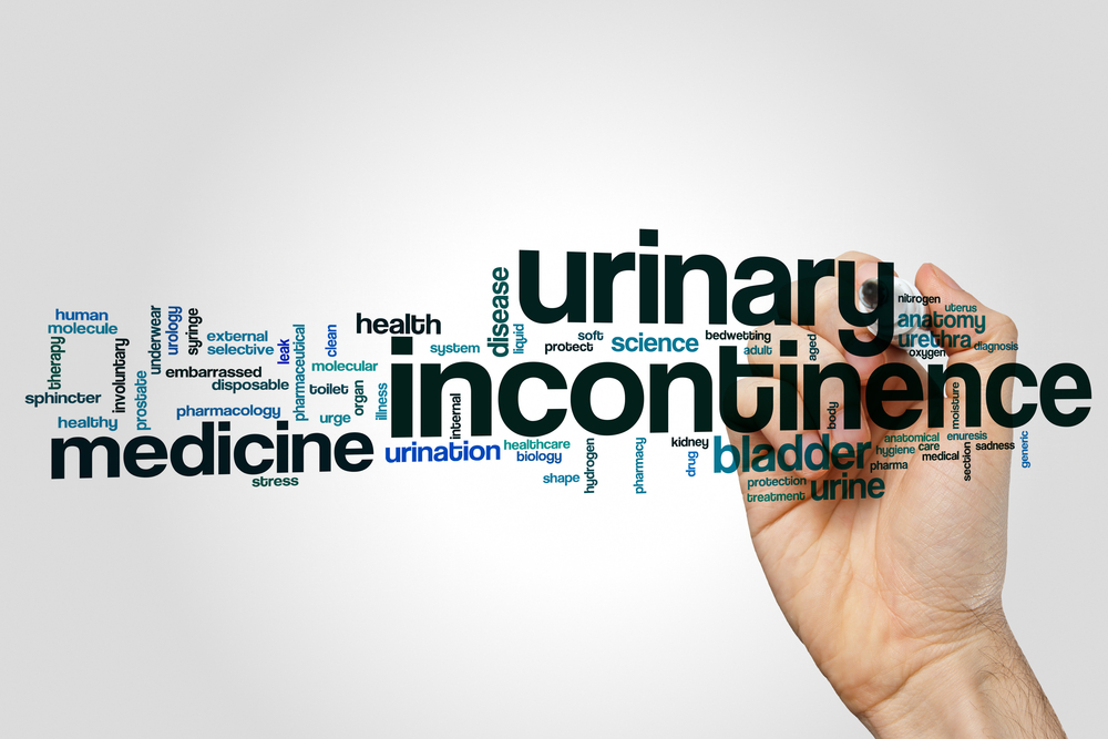 Urinary incontinence word cloud concept on grey background.